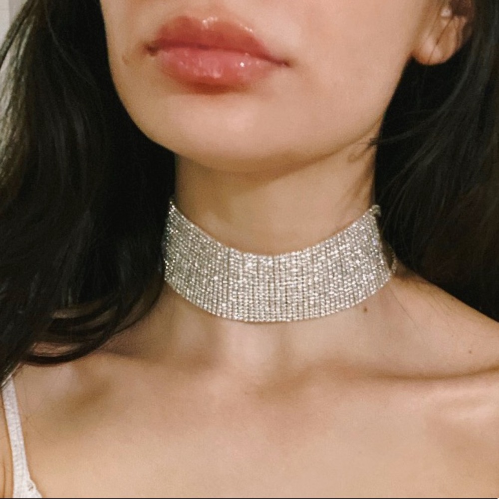 Silver Crystal Rhinestone Choker Necklace